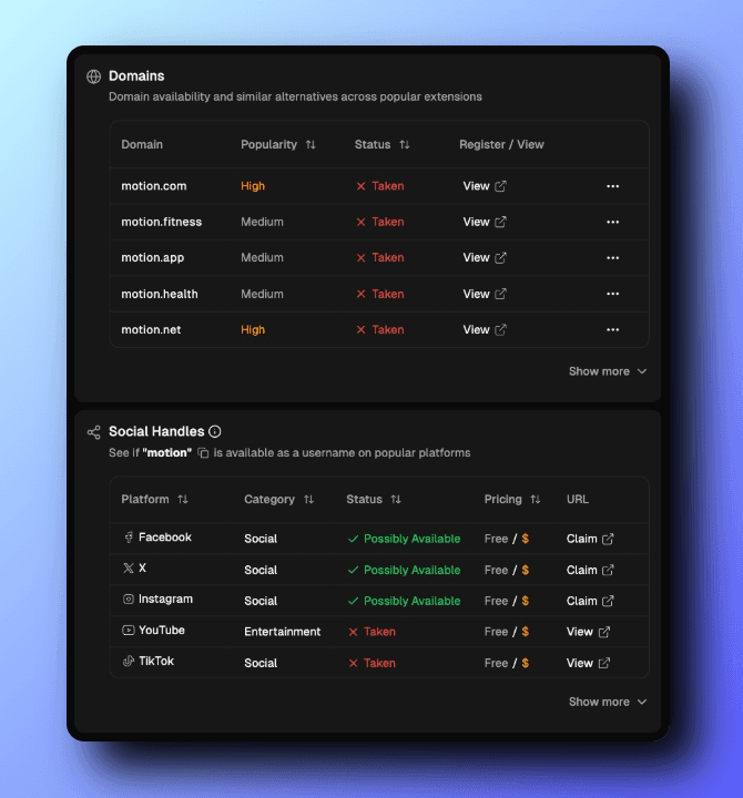 Domain and social media availability checker